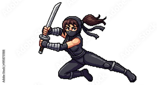 Female Ninja Warrior with Katana Sword in Action Pose.