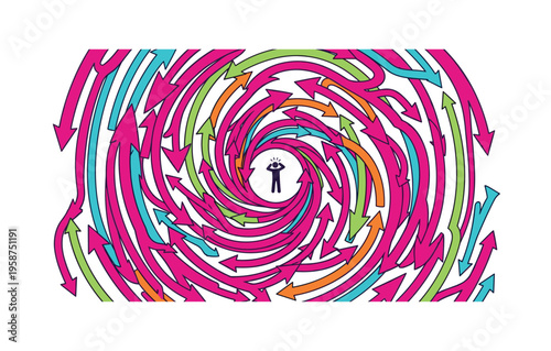 Overwhelmed person surrounded by a chaotic swirl of colorful arrows pointing in all directions