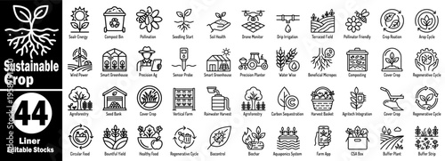 Sustainable crop outline icons set. Featuring eco-friendly agriculture farming methods, organic production, nature conservation, and agri-tech tools vector illustration.