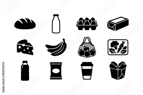 Collection of grocery items and food icons on a white background