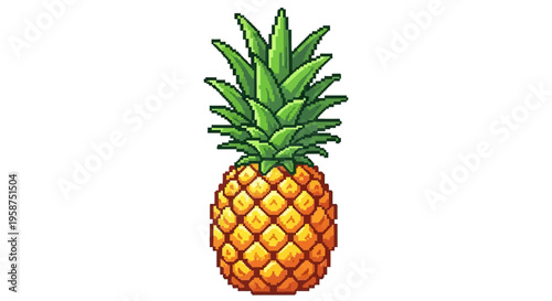 Pixel Art Pineapple Fruit with Green Leaves.