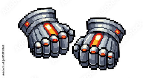 Pixel Art Futuristic Gauntlets Glowing Orange Energy.