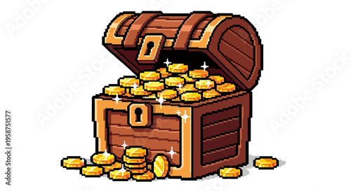 Pixel Art Treasure Chest Overflowing with Gold Coins.