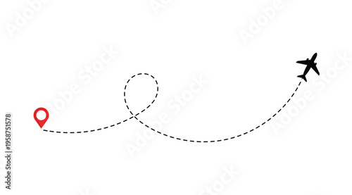Airplane plane routes line set with dotted flight pathways, aircraft tracking travel map pins start point trace vector illustration