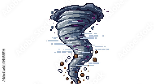 Pixel Art Tornado Swirling Debris and Dust.