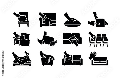 Set of icons depicting hands arranging and cleaning furniture and cushions