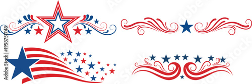 American star swirl decorative elements set red blue celebration ornament design collection