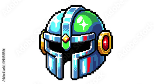 Pixel Art Knight Helmet With Shiny Green Accents.