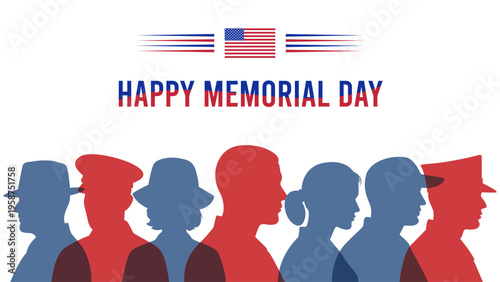 Memorial Day USA tribute banner with American flag and soldier silhouettes honoring military service and remembrance