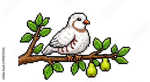 Pixel Art White Bird Perched on Pear Tree Branch.