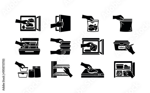 Food storage and preparation icons showing hands interacting with containers and appliances