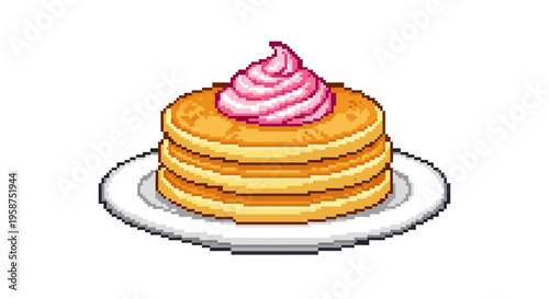 Pixel Art Stack of Pancakes with Pink Cream.