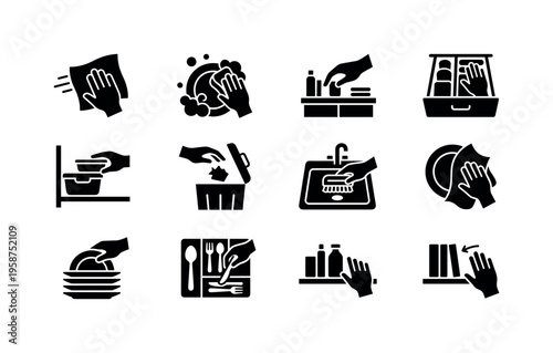 Collection of kitchen hygiene and cleaning icons with hands performing tasks
