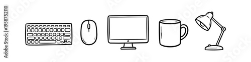 Minimalist hand-drawn office equipment icon set. Black line art doodles of a computer monitor, keyboard, mouse, coffee mug, and desk lamp isolated on a white background.