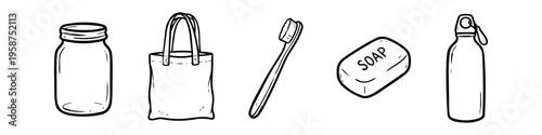 Hand-drawn minimalist line art icons for a zero waste lifestyle featuring a glass jar, reusable tote bag, bamboo toothbrush, soap bar, and water bottle. Clean black and white vector illustration.