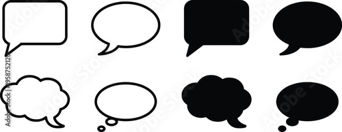 Varied speech and thought bubble icons in black and white styles