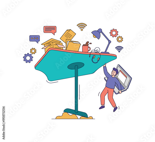 Man struggling to hold up a wobbly desk overloaded with work items