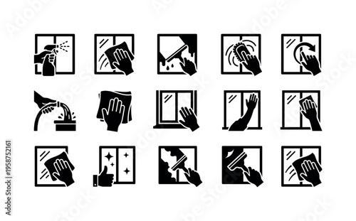 Collection of icons illustrating the process of cleaning windows with various tools and methods