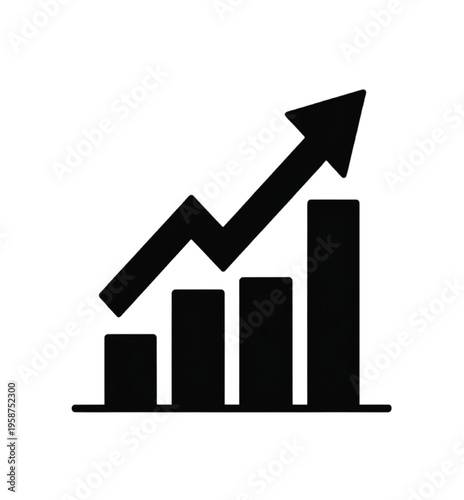 Black silhouette of a rising bar chart with upward arrow vector illustration EPS PNG file