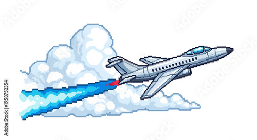 Pixel Art Jet Airplane Soaring Through Clouds.