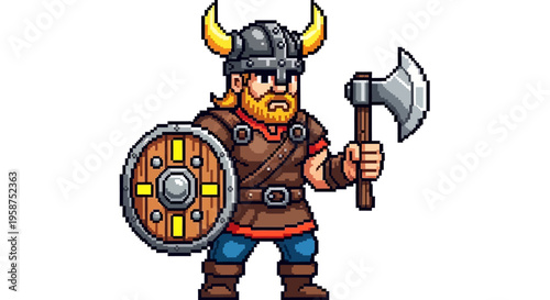 Pixel Art Viking Warrior Holding Axe and Shield.