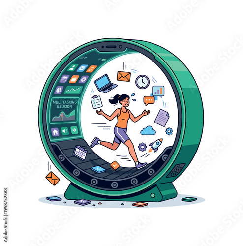 Woman running on a treadmill shaped like a smartphone, overwhelmed by digital tasks