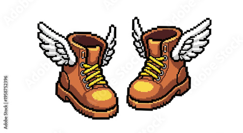 Pixel Art Flying Boots with Wings Illustration.