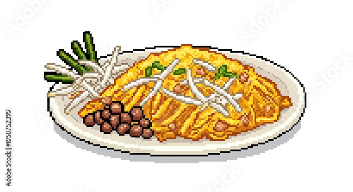 Pixel Art Pad Thai Noodles Dish Illustration.