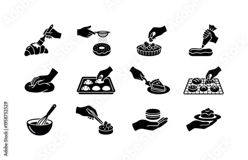 Baking and pastry preparation icons showing various stages of dessert creation