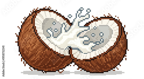 Pixel Art Coconut Splitting Open with Milk Splash.