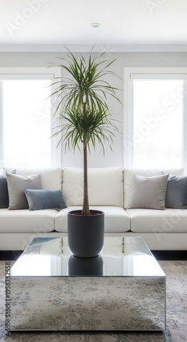 Modern Living Room Oasis With Lush Green Plant And Elegant Sofa