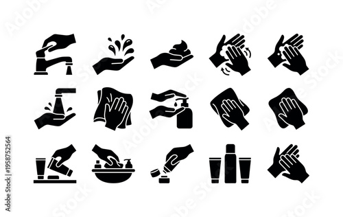 Hygiene icons illustrating hand washing steps with water, soap, and sanitizer