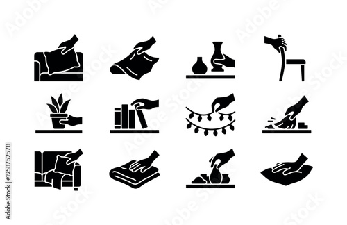 Home organization and tidying up icons showing hands arranging decor and furniture