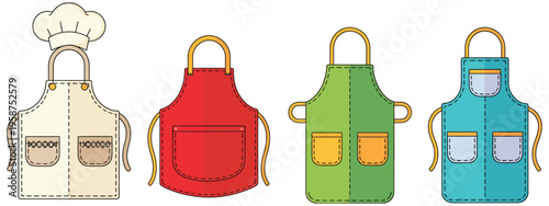 Kitchen Apron Vector Set, Professional Chef Hat and Colorful Cooking Aprons Flat Design Collection for Culinary Branding, Restaurant Identity, Uniform Design, Food Service Graphics and Kitchen Apparel