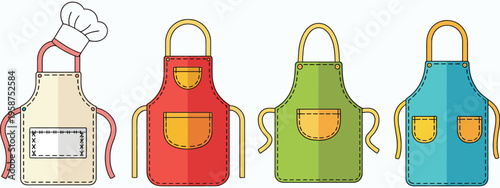 Kitchen Apron Vector Set, Professional Chef Hat and Colorful Cooking Aprons Flat Design Collection for Culinary Branding, Restaurant Identity, Uniform Design, Food Service Graphics and Kitchen Apparel