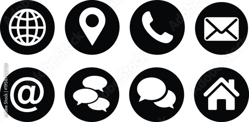 Eight common icons representing different communication and location services