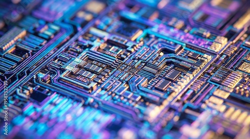Close-up view of a complex electronic circuit board with glowing blue and purple lights, representing advanced technology and data processing