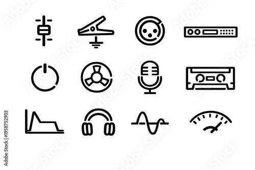 A collection of twelve minimalist black line icons representing audio