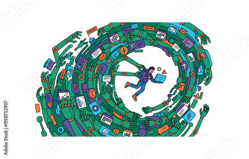 Overwhelmed student navigating a vortex of robotic arms and urgent tasks