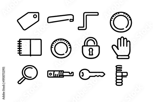 A set of twelve black line icons on a white background featuring