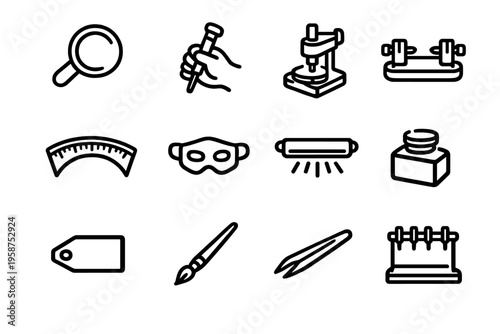 A collection of twelve minimalist black line icons depicting various
