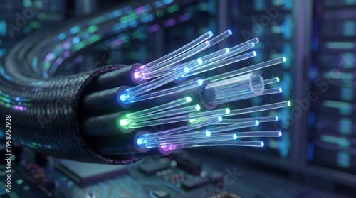 Close-up of fiber optic cables transmitting light with a blurred background of technology and data servers, illustrating digital communication and high-speed internet