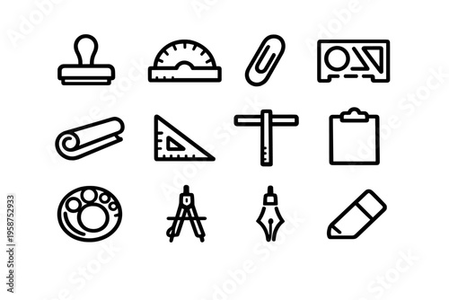 A collection of twelve minimalist black line icons representing