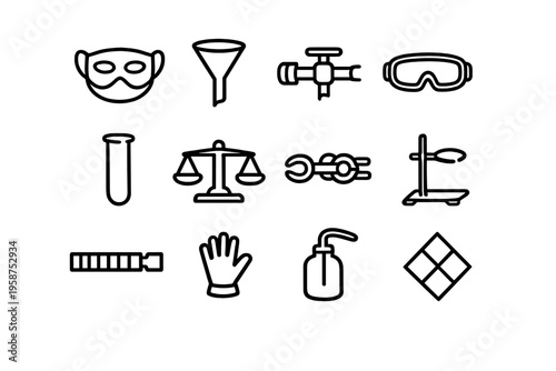 A collection of twelve minimalist black line icons representing