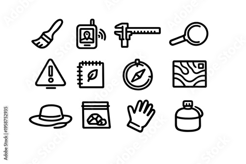 A set of twelve minimalist line art icons representing archaeology