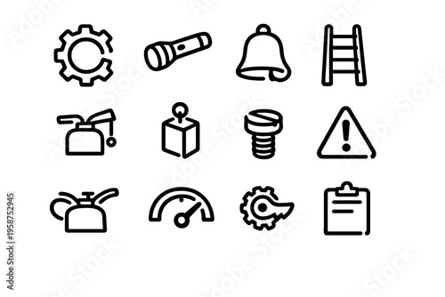A collection of twelve hand-drawn industrial and maintenance icons in