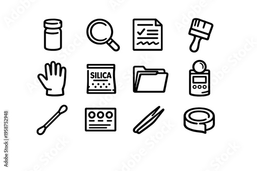 A set of twelve minimalist black line icons representing forensic