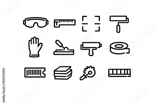 A collection of twelve minimalist black line icons representing