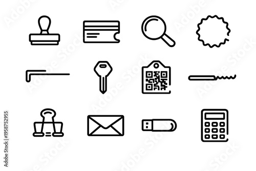 A collection of twelve minimalist line icons featuring office and