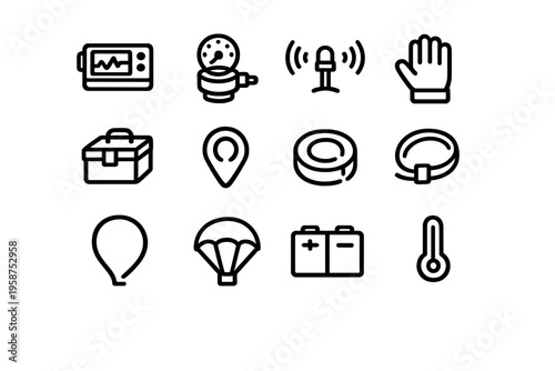 A collection of twelve minimalist black line icons representing